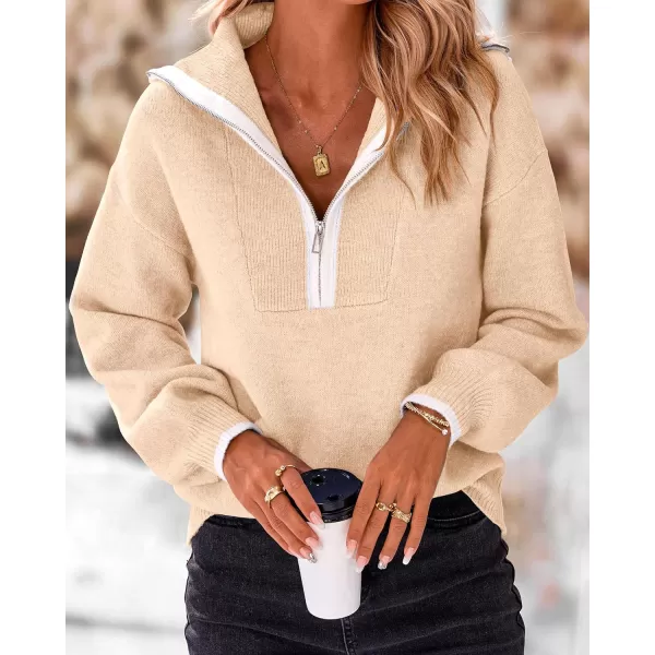 imageBTFBM Womens 2023 Fall Winter Half Zip Pullover Sweaters Casual V Neck Long Sleeve Ribbed Knit Loose Jumper TopsSolid Beige
