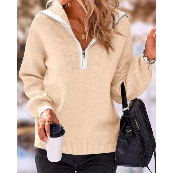 imageBTFBM Womens 2023 Fall Winter Half Zip Pullover Sweaters Casual V Neck Long Sleeve Ribbed Knit Loose Jumper TopsSolid Beige