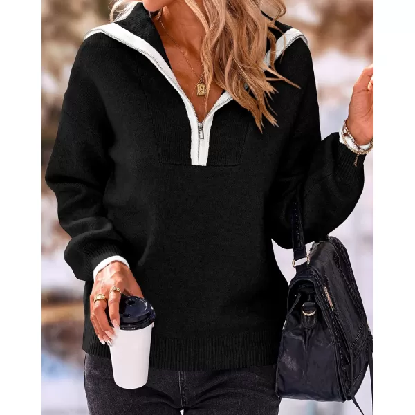 imageBTFBM Womens 2023 Fall Winter Half Zip Pullover Sweaters Casual V Neck Long Sleeve Ribbed Knit Loose Jumper TopsSolid Black