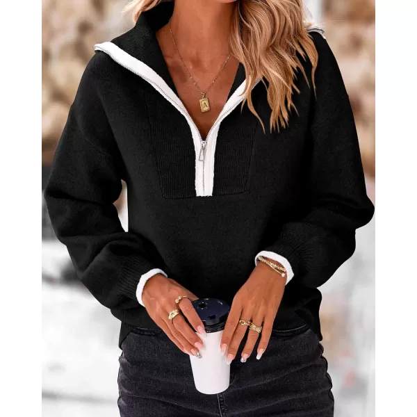 imageBTFBM Womens 2023 Fall Winter Half Zip Pullover Sweaters Casual V Neck Long Sleeve Ribbed Knit Loose Jumper TopsSolid Black