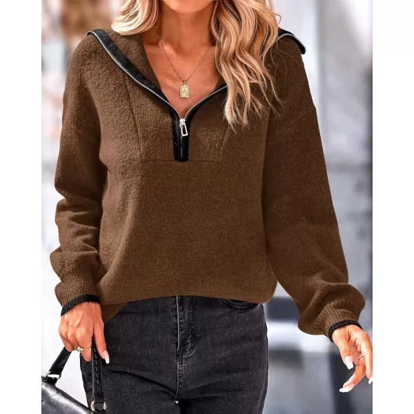 imageBTFBM Womens 2023 Fall Winter Half Zip Pullover Sweaters Casual V Neck Long Sleeve Ribbed Knit Loose Jumper TopsSolid Coffee