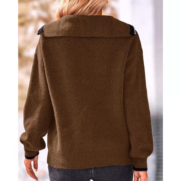 imageBTFBM Womens 2023 Fall Winter Half Zip Pullover Sweaters Casual V Neck Long Sleeve Ribbed Knit Loose Jumper TopsSolid Coffee