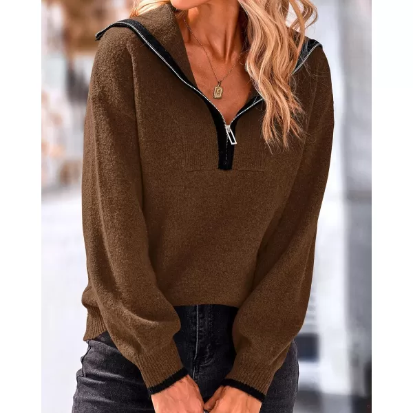imageBTFBM Womens 2023 Fall Winter Half Zip Pullover Sweaters Casual V Neck Long Sleeve Ribbed Knit Loose Jumper TopsSolid Coffee