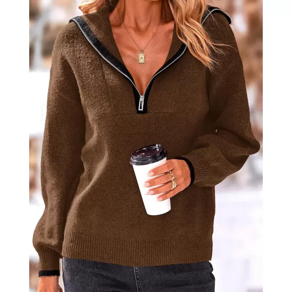 imageBTFBM Womens 2023 Fall Winter Half Zip Pullover Sweaters Casual V Neck Long Sleeve Ribbed Knit Loose Jumper TopsSolid Coffee