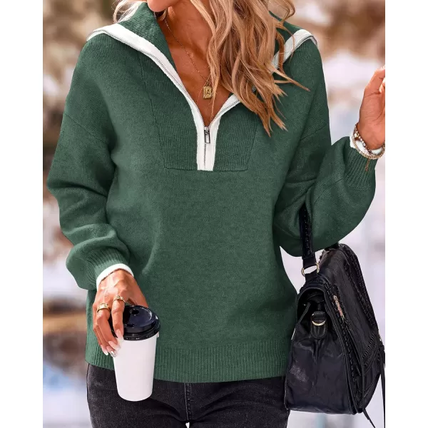imageBTFBM Womens 2023 Fall Winter Half Zip Pullover Sweaters Casual V Neck Long Sleeve Ribbed Knit Loose Jumper TopsSolid Dark Green