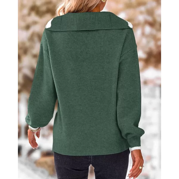 imageBTFBM Womens 2023 Fall Winter Half Zip Pullover Sweaters Casual V Neck Long Sleeve Ribbed Knit Loose Jumper TopsSolid Dark Green
