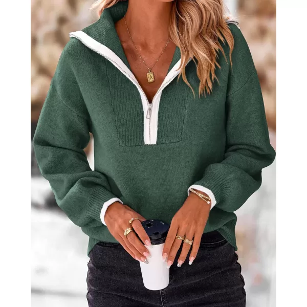 imageBTFBM Womens 2023 Fall Winter Half Zip Pullover Sweaters Casual V Neck Long Sleeve Ribbed Knit Loose Jumper TopsSolid Dark Green