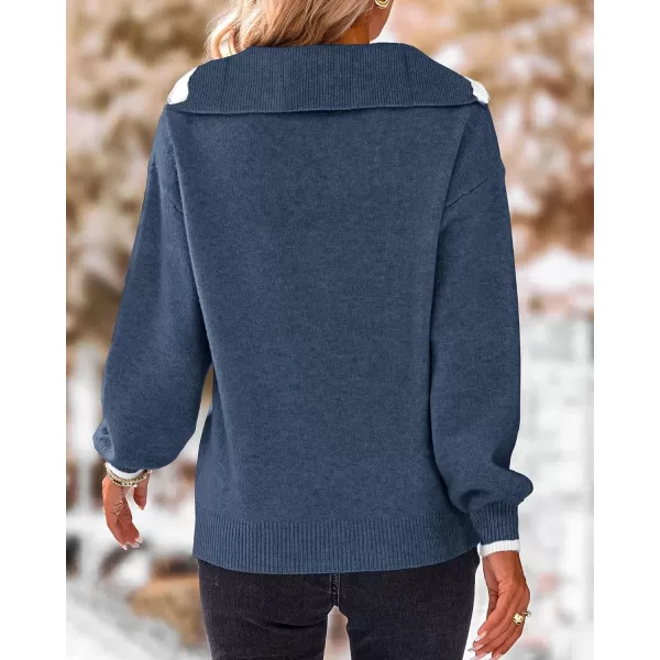 imageBTFBM Womens 2023 Fall Winter Half Zip Pullover Sweaters Casual V Neck Long Sleeve Ribbed Knit Loose Jumper TopsSolid Haze Blue