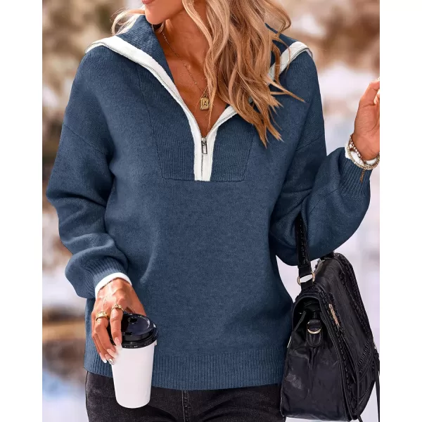 imageBTFBM Womens 2023 Fall Winter Half Zip Pullover Sweaters Casual V Neck Long Sleeve Ribbed Knit Loose Jumper TopsSolid Haze Blue