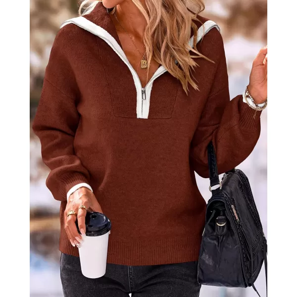 imageBTFBM Womens 2023 Fall Winter Half Zip Pullover Sweaters Casual V Neck Long Sleeve Ribbed Knit Loose Jumper TopsSolid Red Brown