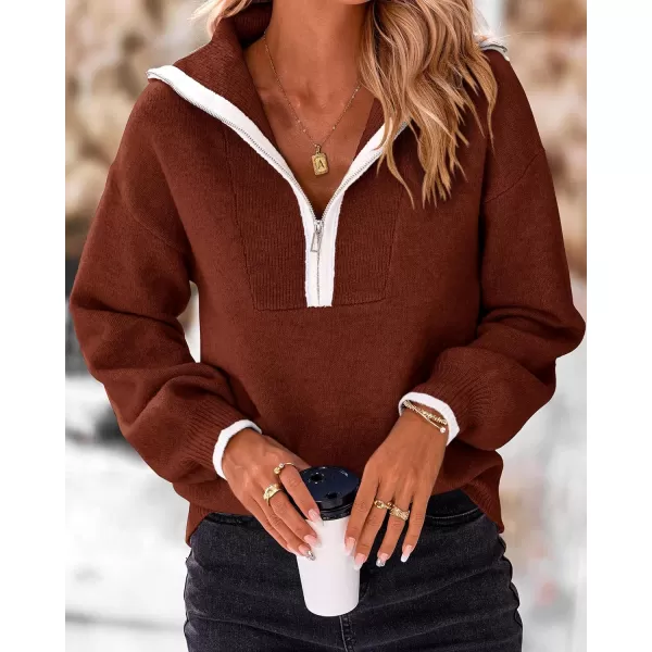 imageBTFBM Womens 2023 Fall Winter Half Zip Pullover Sweaters Casual V Neck Long Sleeve Ribbed Knit Loose Jumper TopsSolid Red Brown