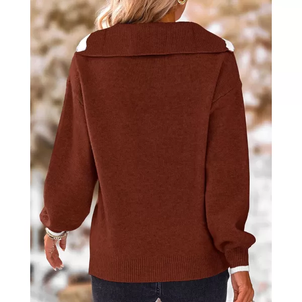 imageBTFBM Womens 2023 Fall Winter Half Zip Pullover Sweaters Casual V Neck Long Sleeve Ribbed Knit Loose Jumper TopsSolid Red Brown