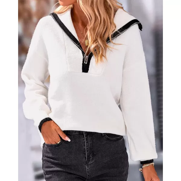 imageBTFBM Womens 2023 Fall Winter Half Zip Pullover Sweaters Casual V Neck Long Sleeve Ribbed Knit Loose Jumper TopsSolid White