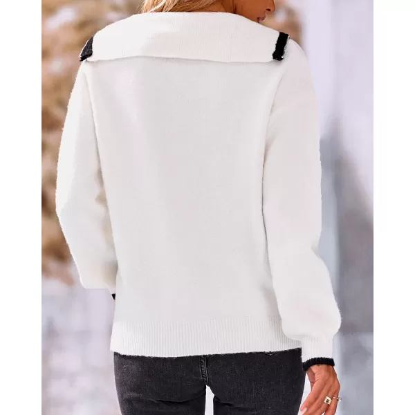 imageBTFBM Womens 2023 Fall Winter Half Zip Pullover Sweaters Casual V Neck Long Sleeve Ribbed Knit Loose Jumper TopsSolid White