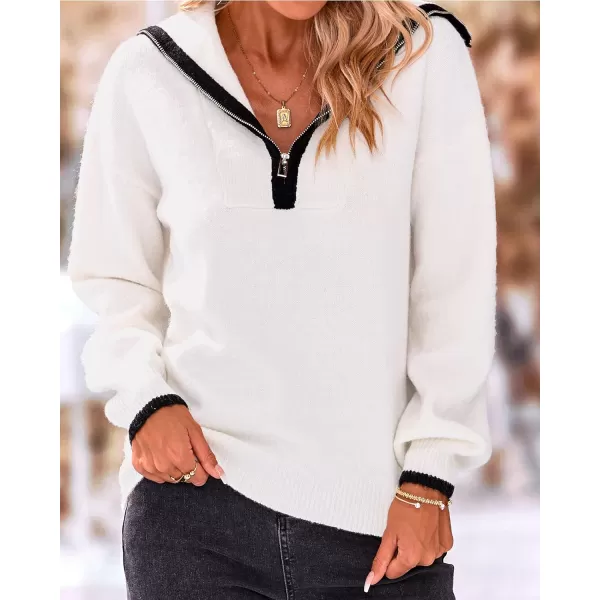 imageBTFBM Womens 2023 Fall Winter Half Zip Pullover Sweaters Casual V Neck Long Sleeve Ribbed Knit Loose Jumper TopsSolid White