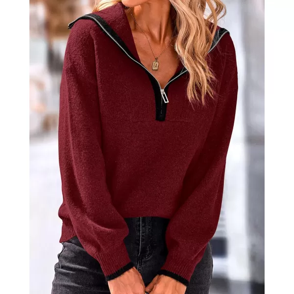 imageBTFBM Womens 2023 Fall Winter Half Zip Pullover Sweaters Casual V Neck Long Sleeve Ribbed Knit Loose Jumper TopsSolid Wine Red