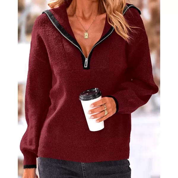 imageBTFBM Womens 2023 Fall Winter Half Zip Pullover Sweaters Casual V Neck Long Sleeve Ribbed Knit Loose Jumper TopsSolid Wine Red