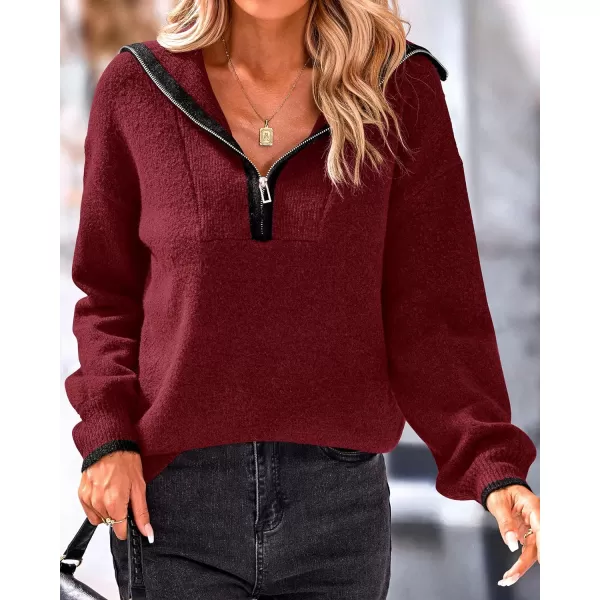 imageBTFBM Womens 2023 Fall Winter Half Zip Pullover Sweaters Casual V Neck Long Sleeve Ribbed Knit Loose Jumper TopsSolid Wine Red