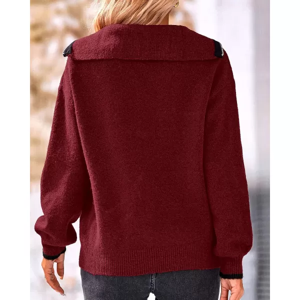 imageBTFBM Womens 2023 Fall Winter Half Zip Pullover Sweaters Casual V Neck Long Sleeve Ribbed Knit Loose Jumper TopsSolid Wine Red