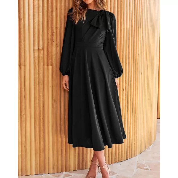 imageBTFBM Womens 2023 Formal Maxi Dress Puff Long Sleeve Crewneck Bow Tie ALine Long Flowy Wedding Guest Party DressesSolid Black
