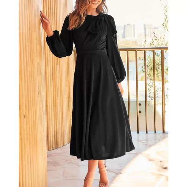 imageBTFBM Womens 2023 Formal Maxi Dress Puff Long Sleeve Crewneck Bow Tie ALine Long Flowy Wedding Guest Party DressesSolid Black