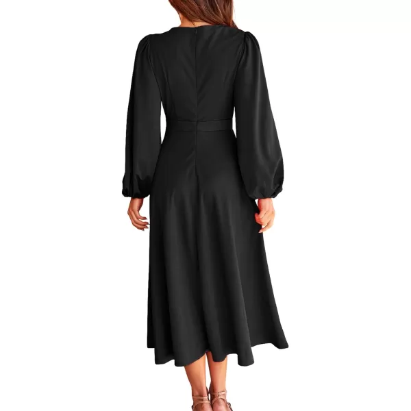 imageBTFBM Womens 2023 Formal Maxi Dress Puff Long Sleeve Crewneck Bow Tie ALine Long Flowy Wedding Guest Party DressesSolid Black