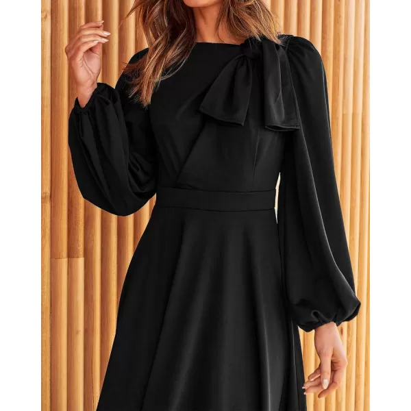 imageBTFBM Womens 2023 Formal Maxi Dress Puff Long Sleeve Crewneck Bow Tie ALine Long Flowy Wedding Guest Party DressesSolid Black