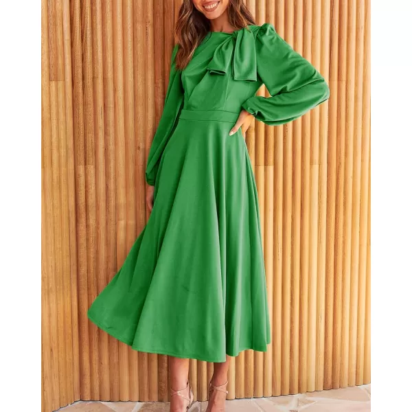 imageBTFBM Womens 2023 Formal Maxi Dress Puff Long Sleeve Crewneck Bow Tie ALine Long Flowy Wedding Guest Party DressesSolid Green
