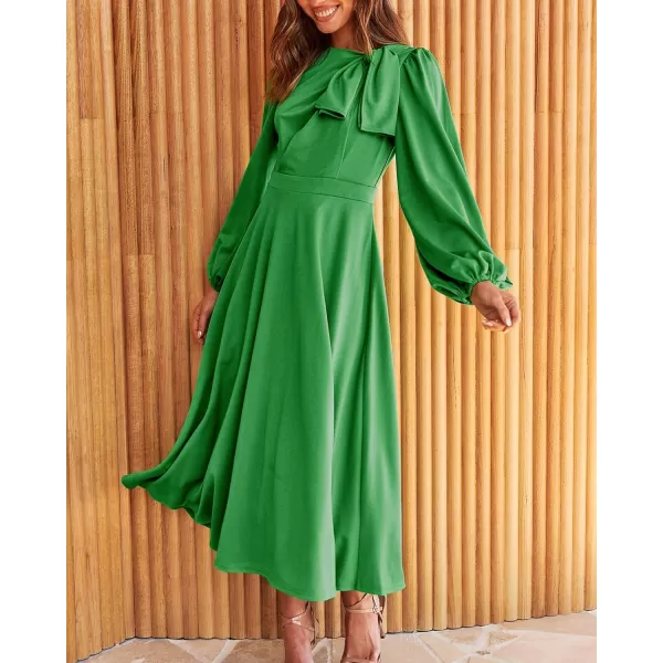 imageBTFBM Womens 2023 Formal Maxi Dress Puff Long Sleeve Crewneck Bow Tie ALine Long Flowy Wedding Guest Party DressesSolid Green