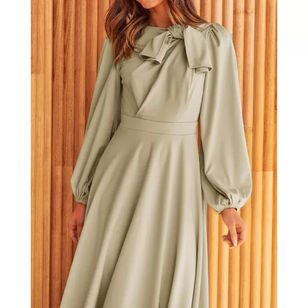 imageBTFBM Womens 2023 Formal Maxi Dress Puff Long Sleeve Crewneck Bow Tie ALine Long Flowy Wedding Guest Party DressesSolid Light Grey Green