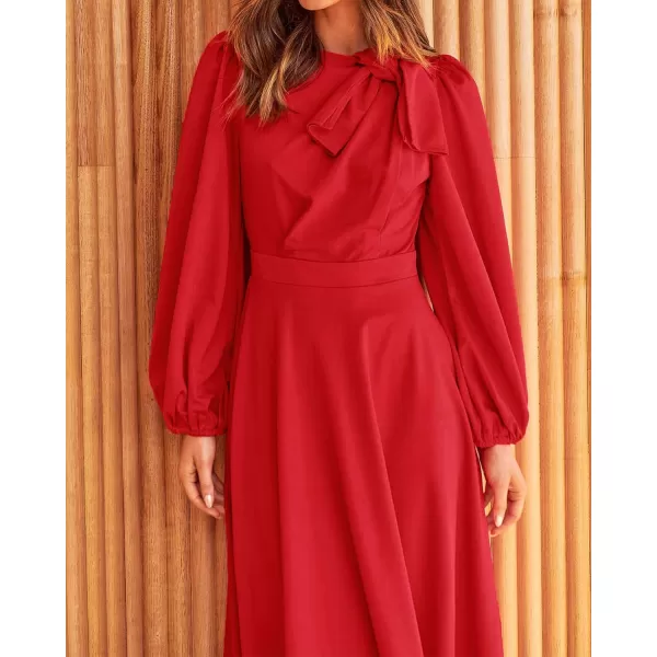 imageBTFBM Womens 2023 Formal Maxi Dress Puff Long Sleeve Crewneck Bow Tie ALine Long Flowy Wedding Guest Party DressesSolid Red