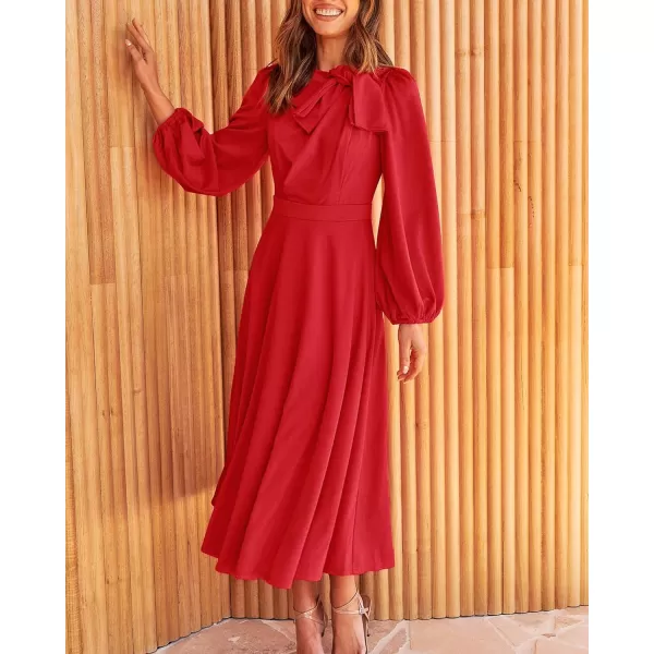 imageBTFBM Womens 2023 Formal Maxi Dress Puff Long Sleeve Crewneck Bow Tie ALine Long Flowy Wedding Guest Party DressesSolid Red