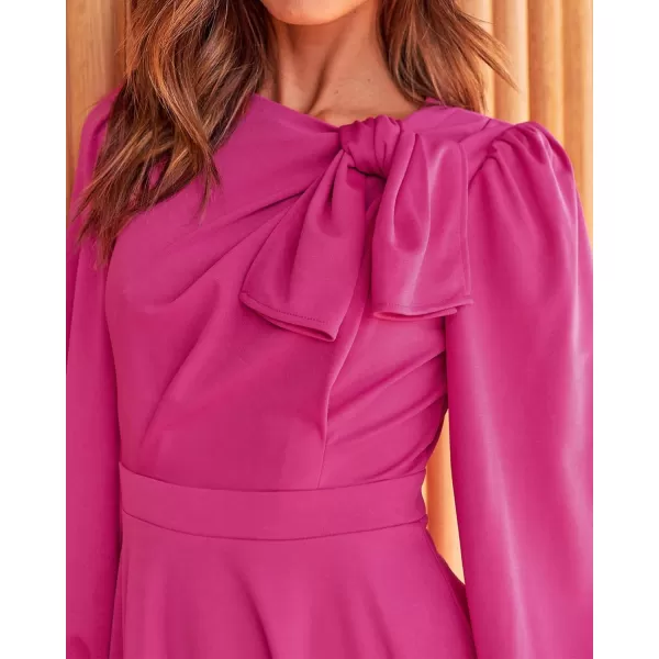 imageBTFBM Womens 2023 Formal Maxi Dress Puff Long Sleeve Crewneck Bow Tie ALine Long Flowy Wedding Guest Party DressesSolid Rose Red