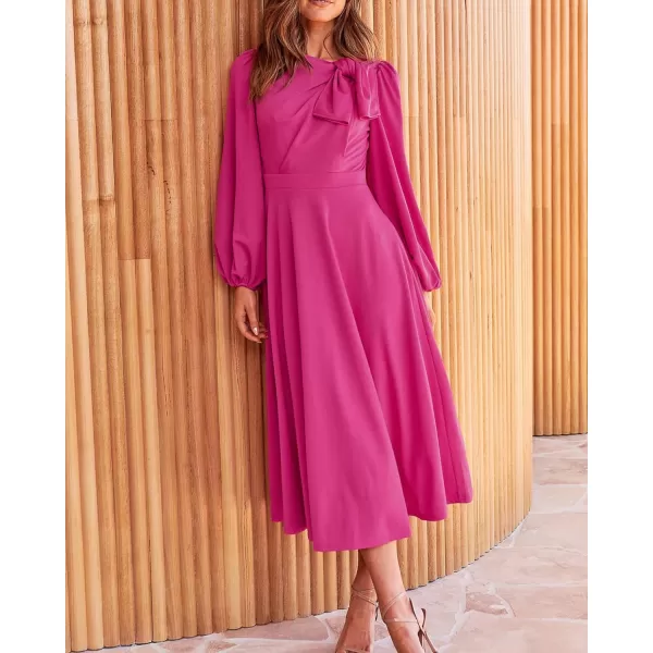 imageBTFBM Womens 2023 Formal Maxi Dress Puff Long Sleeve Crewneck Bow Tie ALine Long Flowy Wedding Guest Party DressesSolid Rose Red