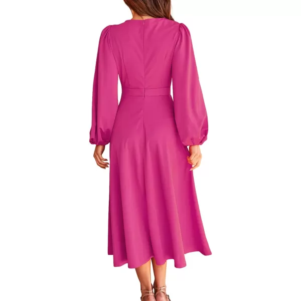 imageBTFBM Womens 2023 Formal Maxi Dress Puff Long Sleeve Crewneck Bow Tie ALine Long Flowy Wedding Guest Party DressesSolid Rose Red
