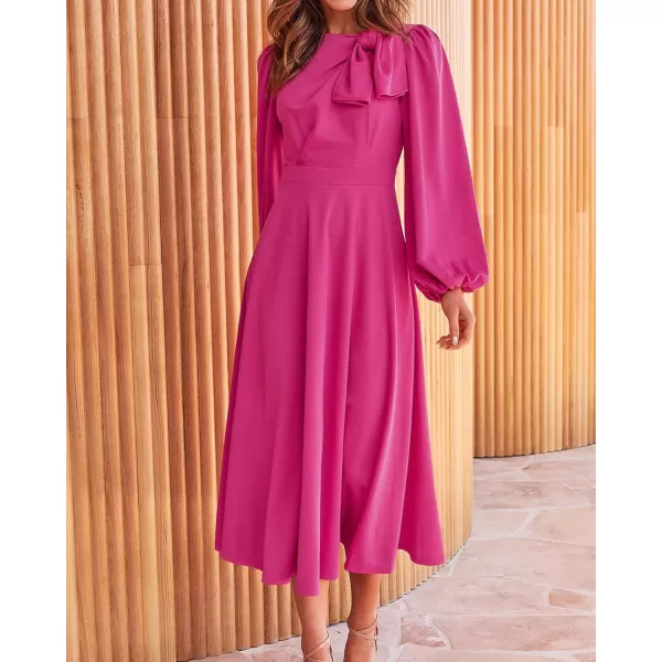 imageBTFBM Womens 2023 Formal Maxi Dress Puff Long Sleeve Crewneck Bow Tie ALine Long Flowy Wedding Guest Party DressesSolid Rose Red