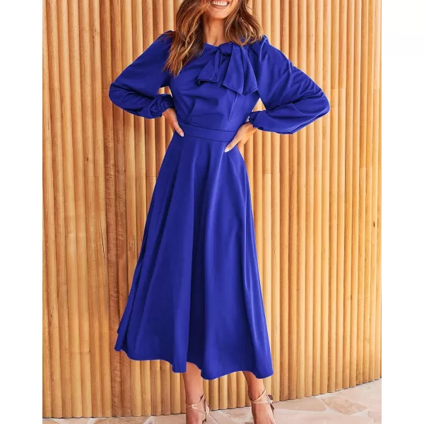imageBTFBM Womens 2023 Formal Maxi Dress Puff Long Sleeve Crewneck Bow Tie ALine Long Flowy Wedding Guest Party DressesSolid Royal Blue