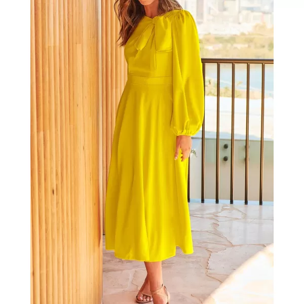 imageBTFBM Womens 2023 Formal Maxi Dress Puff Long Sleeve Crewneck Bow Tie ALine Long Flowy Wedding Guest Party DressesSolid Yellow