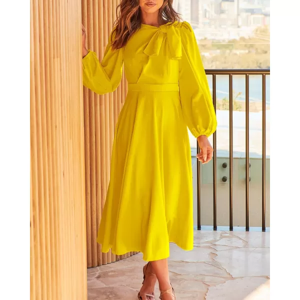 imageBTFBM Womens 2023 Formal Maxi Dress Puff Long Sleeve Crewneck Bow Tie ALine Long Flowy Wedding Guest Party DressesSolid Yellow