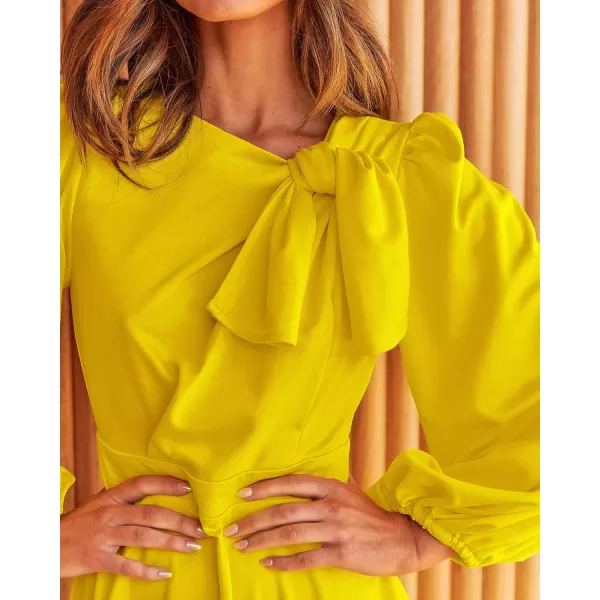 imageBTFBM Womens 2023 Formal Maxi Dress Puff Long Sleeve Crewneck Bow Tie ALine Long Flowy Wedding Guest Party DressesSolid Yellow