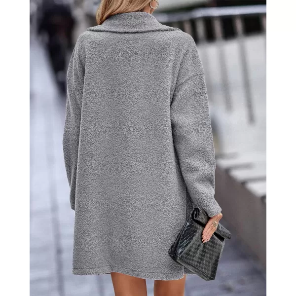 imageBTFBM Womens 2023 Fuzzy Fleece Winter Coat Lapel Long Sleeve Button Down Warm Faux Fur Outwear Sherpa Jacket CardiganSolid Light Grey