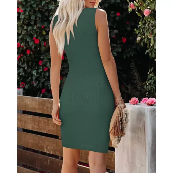 imageBTFBM Womens 2023 Summer Bodycon Dresses Sleeveless Crew Neck Cutout Ruched Slim Fit Ribbed Party Club Tank Mini DressSolid Army Green