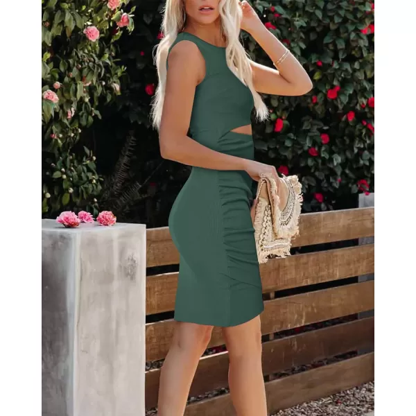 imageBTFBM Womens 2023 Summer Bodycon Dresses Sleeveless Crew Neck Cutout Ruched Slim Fit Ribbed Party Club Tank Mini DressSolid Army Green