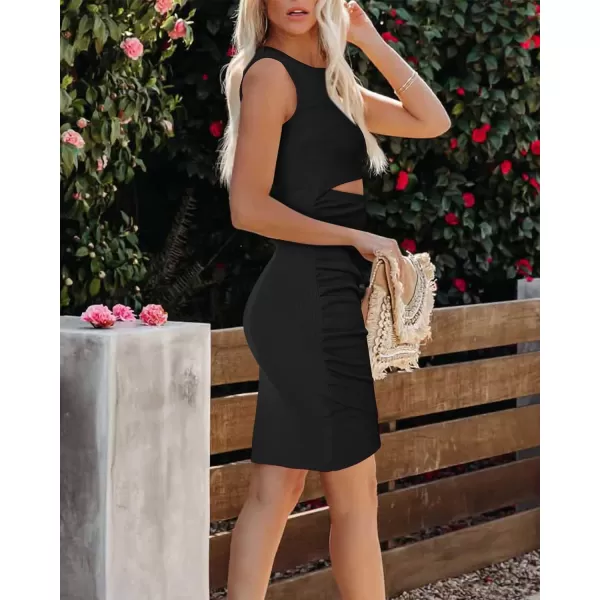 imageBTFBM Womens 2023 Summer Bodycon Dresses Sleeveless Crew Neck Cutout Ruched Slim Fit Ribbed Party Club Tank Mini DressSolid Black