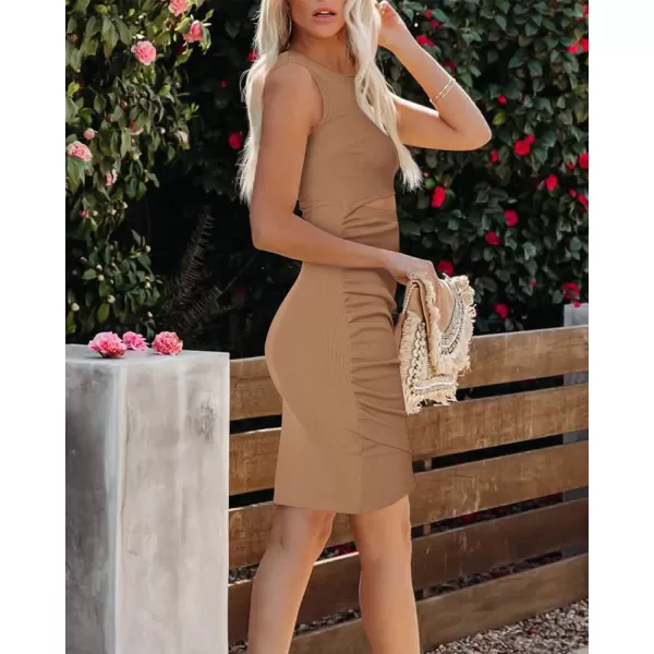 imageBTFBM Womens 2023 Summer Bodycon Dresses Sleeveless Crew Neck Cutout Ruched Slim Fit Ribbed Party Club Tank Mini DressSolid Camel