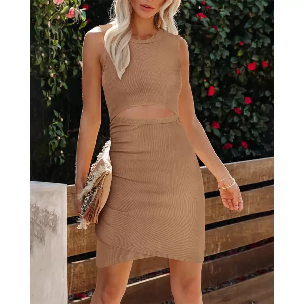 imageBTFBM Womens 2023 Summer Bodycon Dresses Sleeveless Crew Neck Cutout Ruched Slim Fit Ribbed Party Club Tank Mini DressSolid Camel