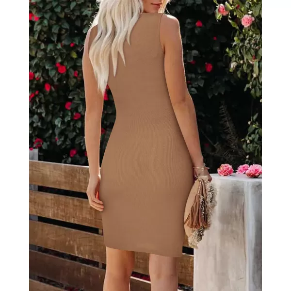 imageBTFBM Womens 2023 Summer Bodycon Dresses Sleeveless Crew Neck Cutout Ruched Slim Fit Ribbed Party Club Tank Mini DressSolid Camel