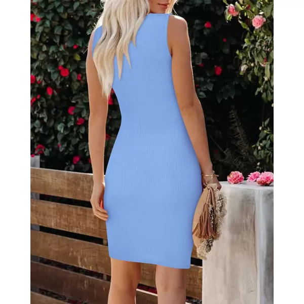 imageBTFBM Womens 2023 Summer Bodycon Dresses Sleeveless Crew Neck Cutout Ruched Slim Fit Ribbed Party Club Tank Mini DressSolid Light Blue