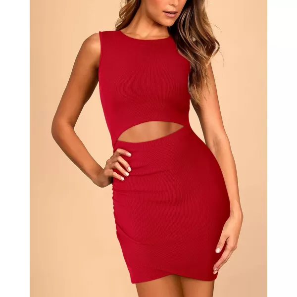 imageBTFBM Womens 2023 Summer Bodycon Dresses Sleeveless Crew Neck Cutout Ruched Slim Fit Ribbed Party Club Tank Mini DressSolid Red