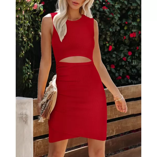 imageBTFBM Womens 2023 Summer Bodycon Dresses Sleeveless Crew Neck Cutout Ruched Slim Fit Ribbed Party Club Tank Mini DressSolid Red